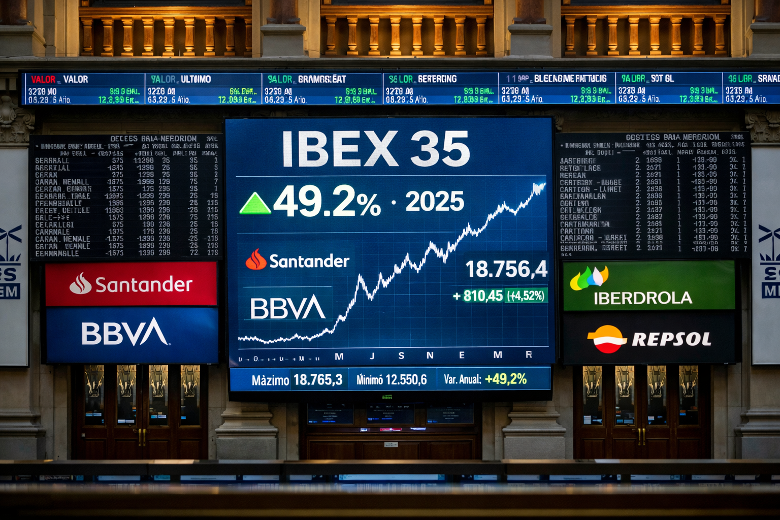 Las acciones del sector bancario y energético catalizan el mejor año del IBEX 35 en 32 años (+~49 % en 2025)