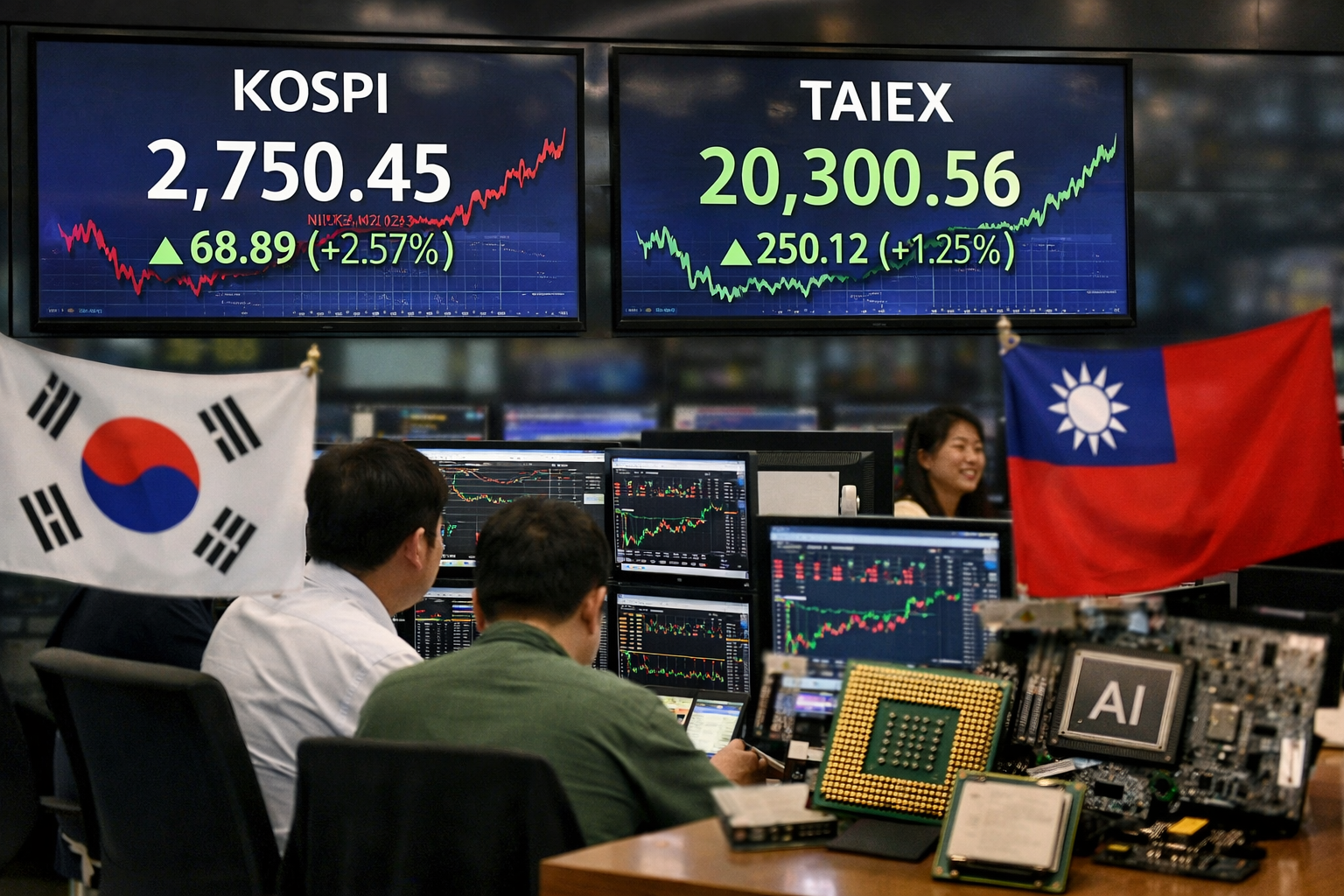 Acciones asiáticas impulsan índices regionales a subidas anuales récord liderados por Corea y Taiwán gracias al boom de semiconductores e IA